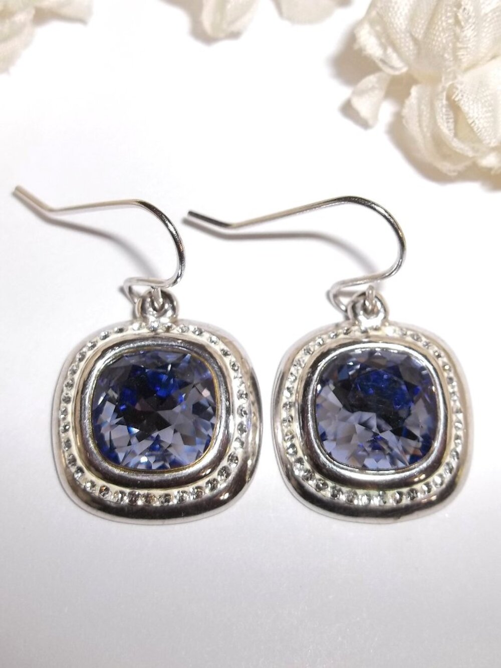 S925 Silver Earrings with Purple Faux Amethyst Square Dangle Drop Jewelry D873